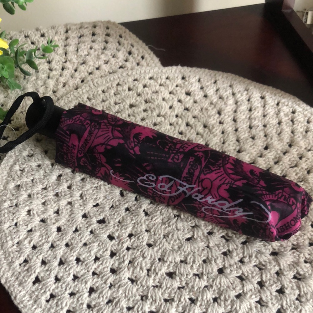 Ed Hardy Black and Pink Graphic Umbrella
